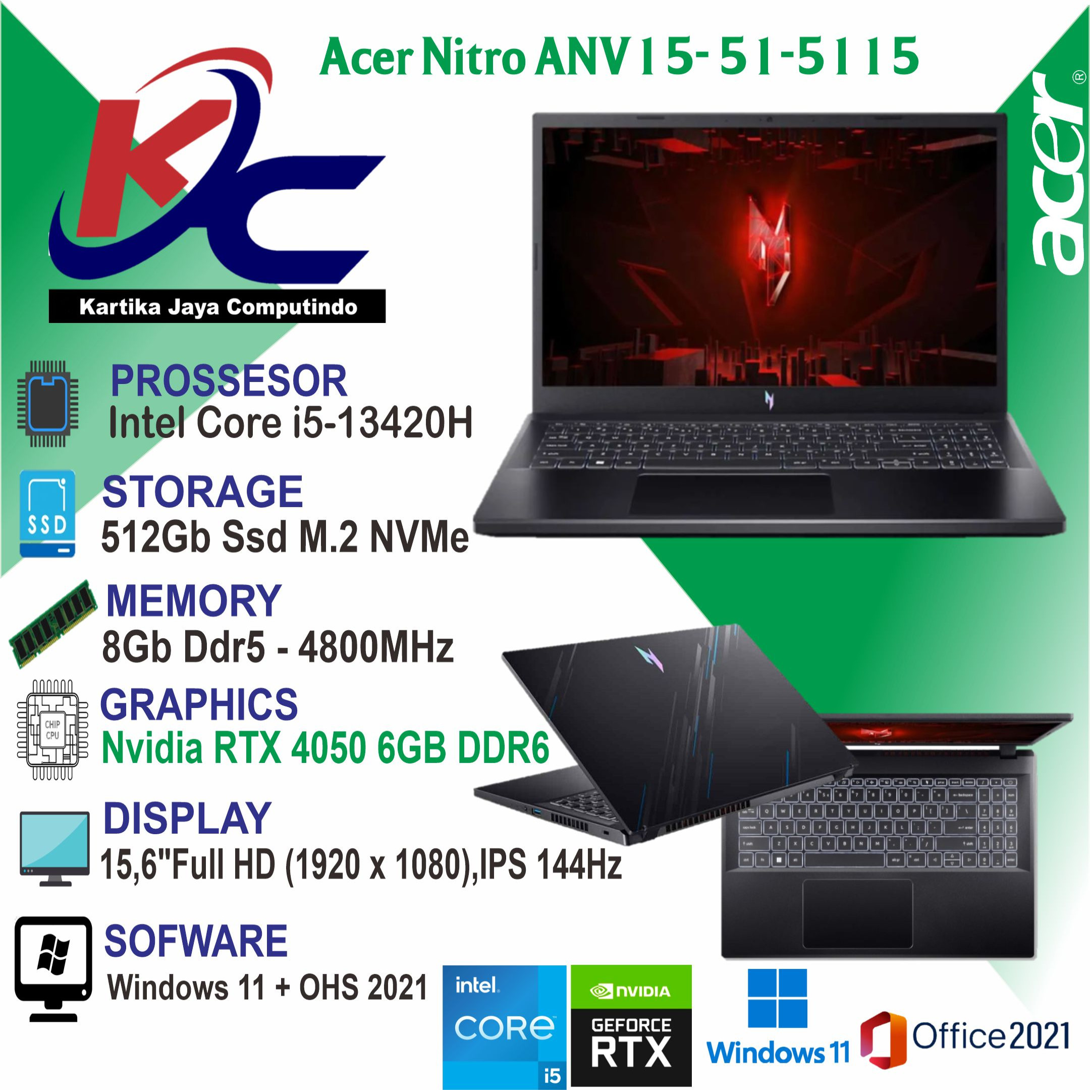 ACER NITRO ANV15-51-5115  I5-13420H/ 8GB/ 512GB/ RTX4050/ 144HZ/ W11OHS BLACK